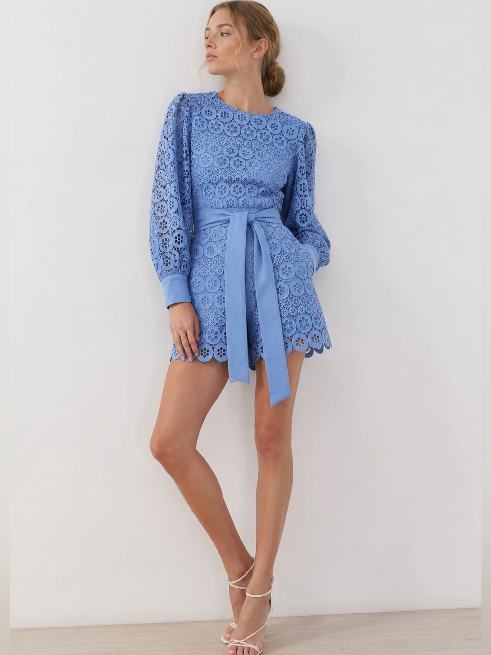 Maje Sky Blue Floral Guipure Lace Romper EU 36 US 4 | Belted Long Sleeve